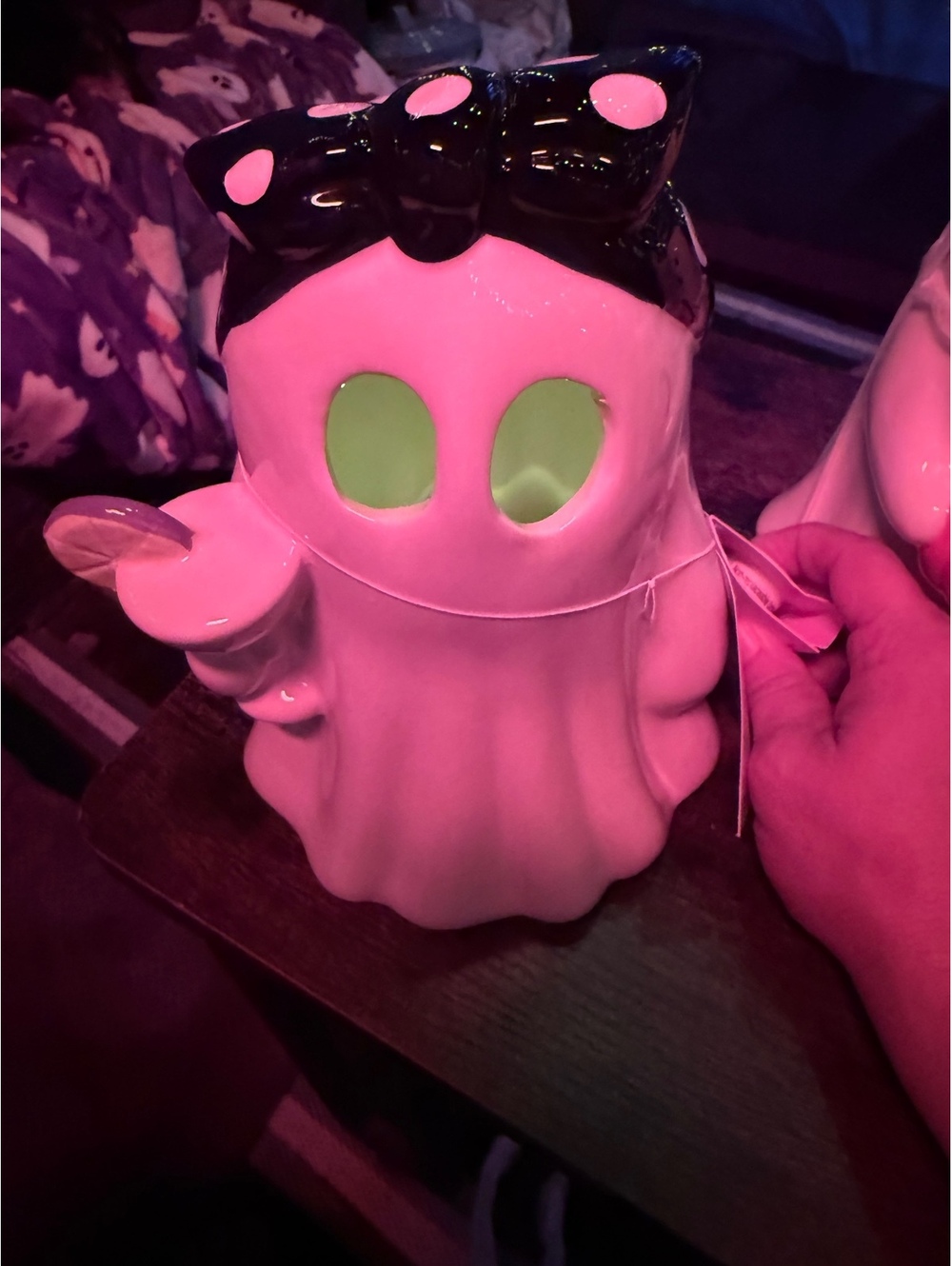 Pink Ghost Container with Sunglasses and Green Eyes